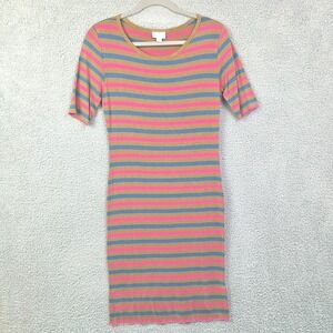 LuLaRoe Dress Medium‎ Juia Multi-Color Stripe Knee Length Short Sleeve NWOT